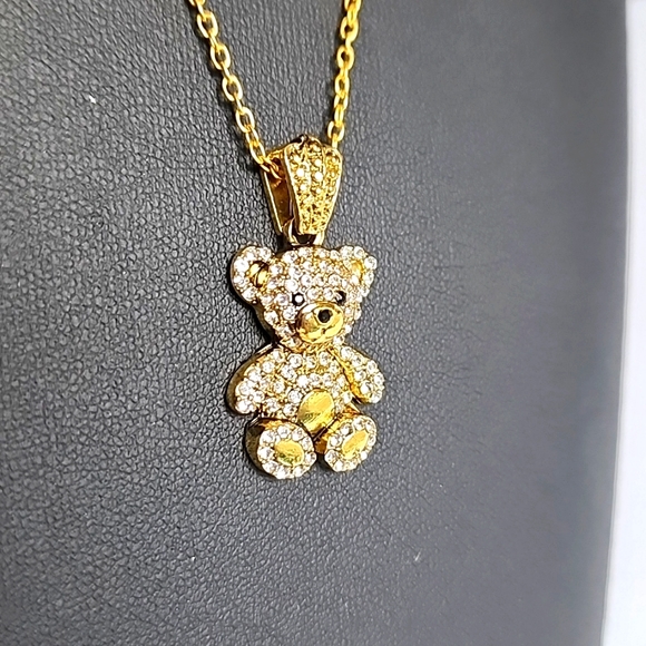 Bear Pendant Yellow Gold Tone Necklace Rhinestone - Picture 3 of 7